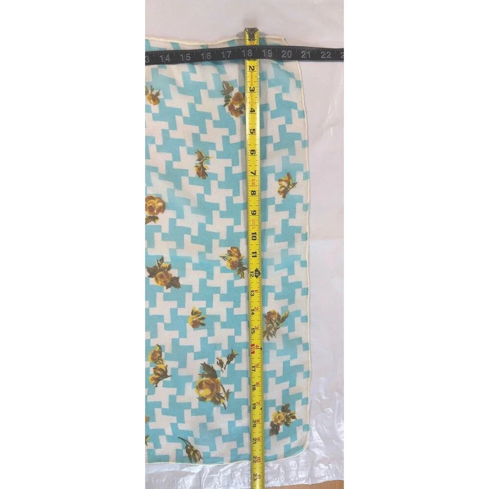 Vintage Pure Silk Chiffon Scarf 23” Aqua Floral Geometric Hand Rolled Japan